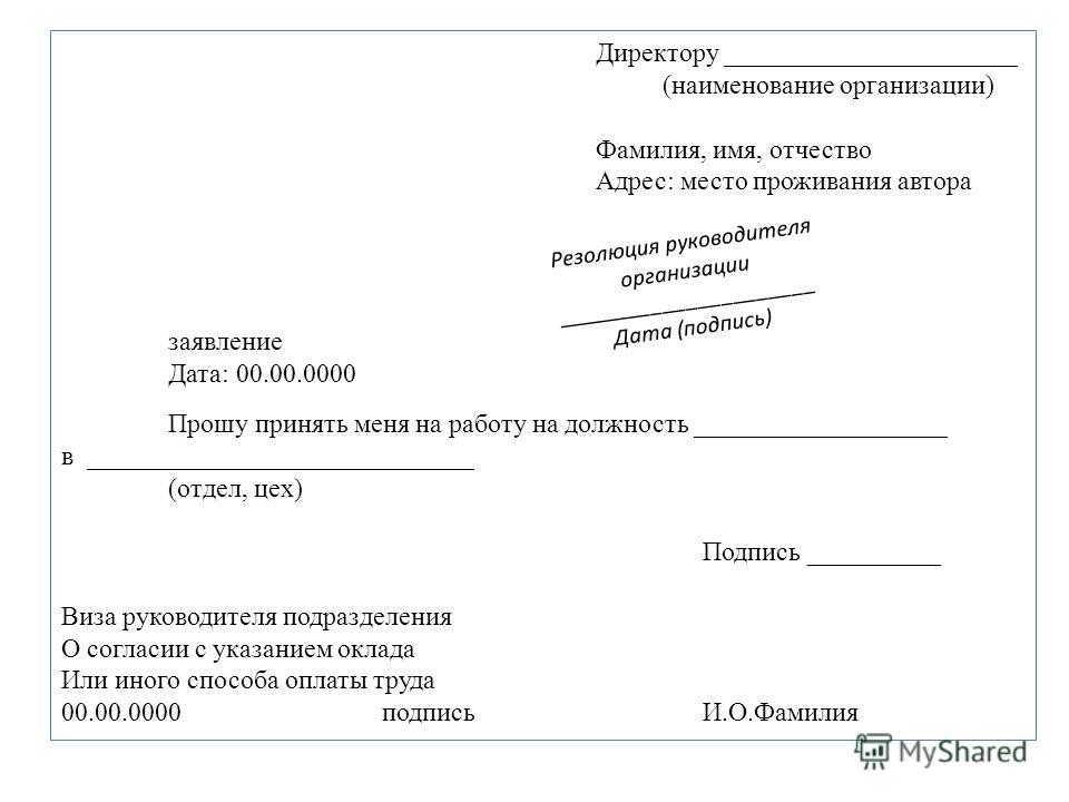 прошу принять меня на работу на должность образец