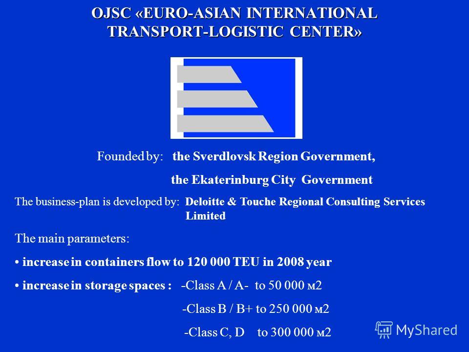 Founded by: the Sverdlovsk Region Government, the Ekaterinburg City Government The business-plan is developed by: Deloitte & Touche Regional Consulting Services Limited The main parameters: increase in containers flow to 120 000 TEU in 2008 year incr