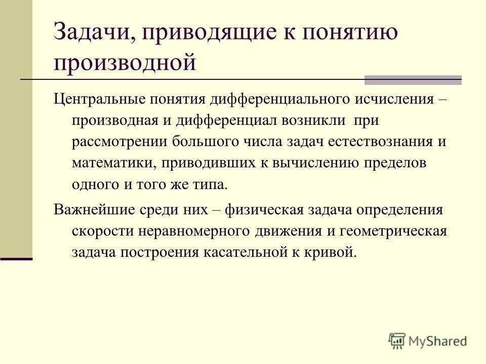 Приведите пример задачи приводящей к понятию производной