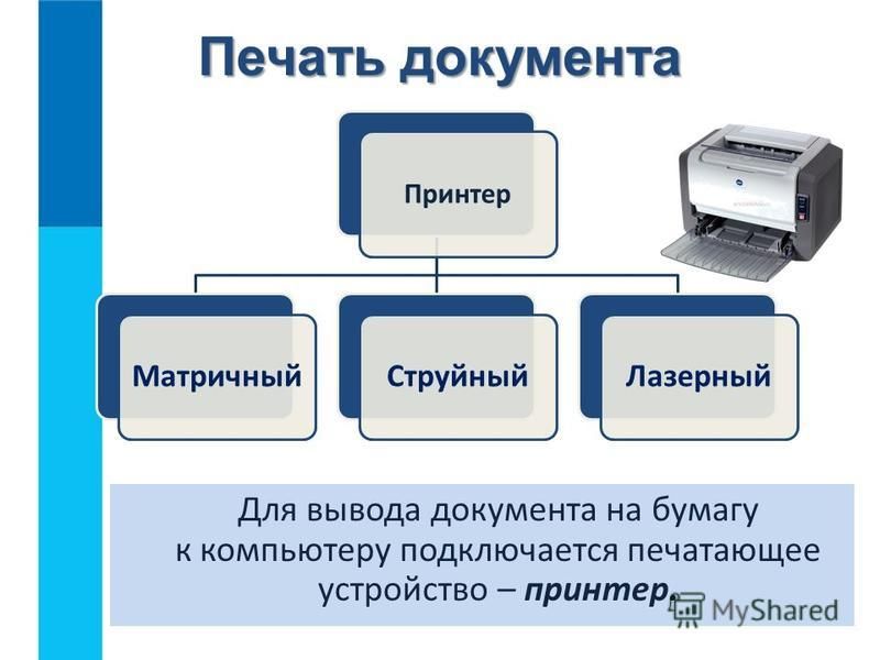 Для вывода документа на бумагу к компьютеру подключается печатающее устройство – принтер. Печать документа Принтер Матричный СтруйныйЛазерный