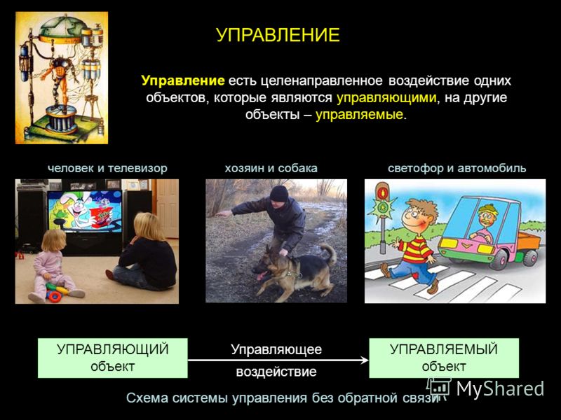 УПРАВЛЕНИЕ Управление есть целенаправленное воздействие одних объектов, которые являются управляющими, на другие объекты – управляемые. человек и теле