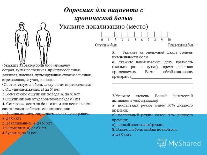 Примерная карта оценки боли пациента заполненная