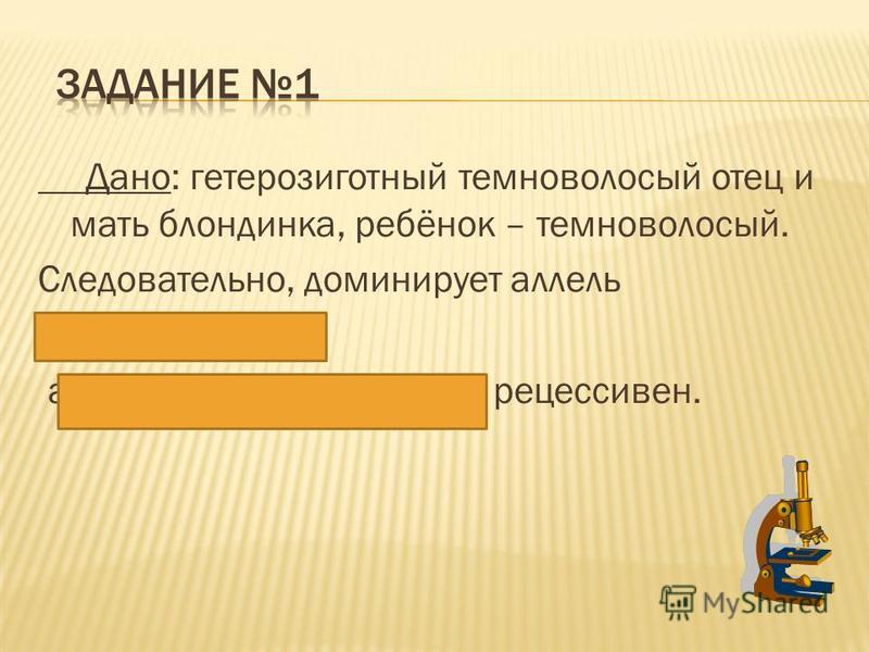 Дано: гетерозиготный темноволосый отец и мать блондинка, ребёнок – темноволосый. Следовательно, доминирует аллель А-темных волос, аллель а – светлых волос - рецессивен.