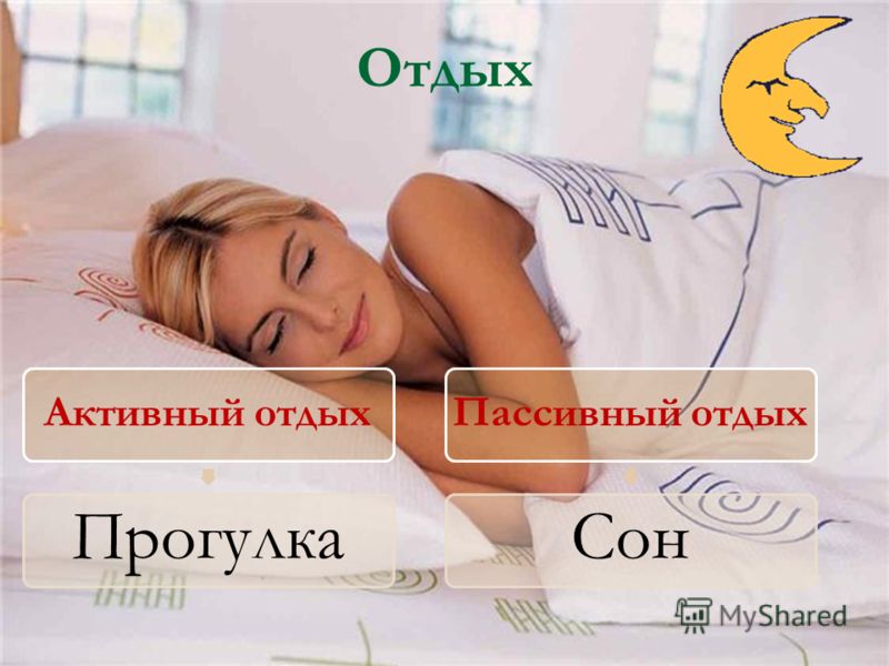 Отдых Активный отдых Прогулка Пассивный отдых Сон