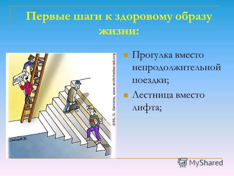 Первые шаги к здоровому образу жизни: Прогулка вместо непродолжительной поездки; Лестница вместо лифта;